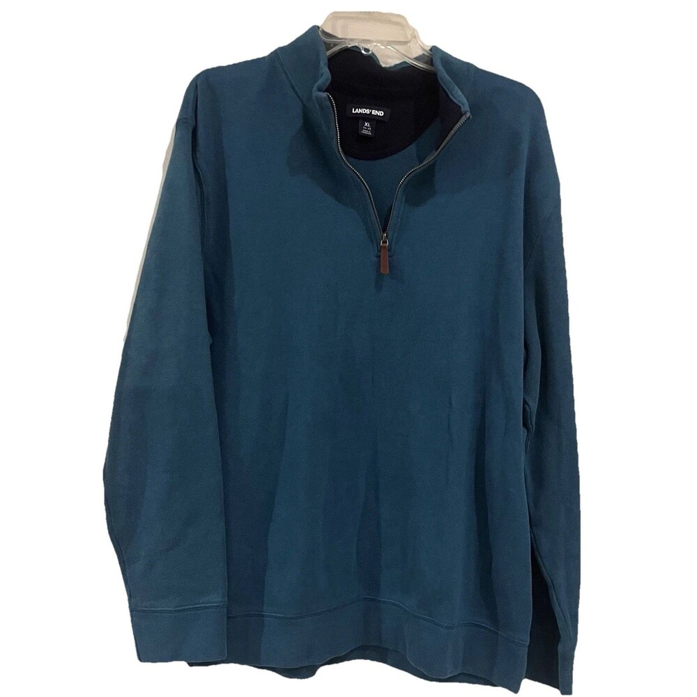 Land's End Men's 1/4 Zip 100% Cotton Long Sleeve Sweater Teal Blue Sz XL 46-48